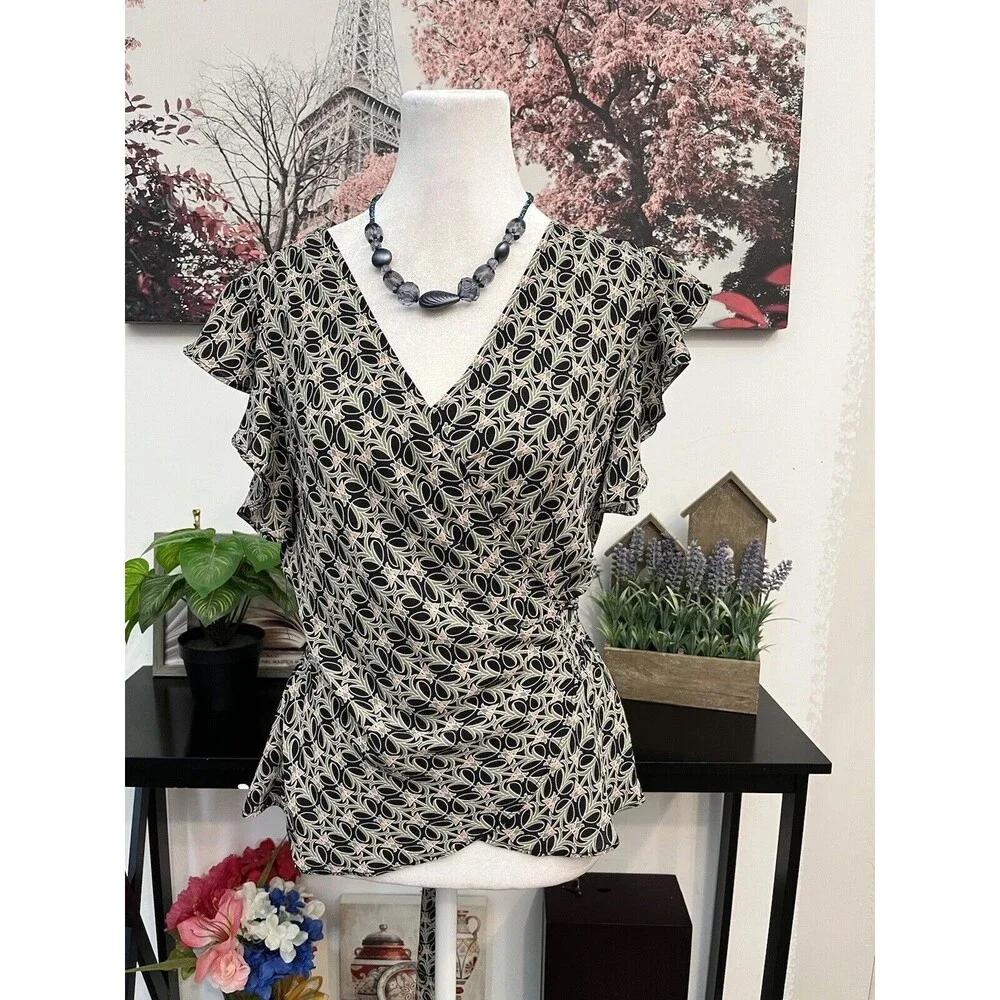 Max Studio Women’s Top Blouse Small Geometric Design Surplice Neck Tie Waist